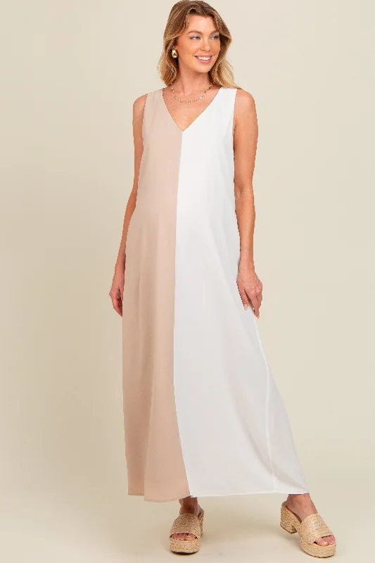 Versatile outfits to transition from day to night Beige Colorblock Maternity Midi Dress Versatile outfits to transition from day to night Beige Colorblock Maternity Midi Dress