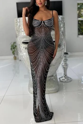 Elevate your style with fashionable women’s clothing   Let's Mingle rhinestone mesh slit maxi dress