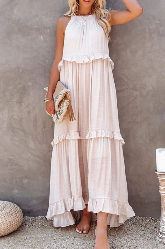 Casual outfits that elevate your style   Halter Sleeveless Pleated Tiered Maxi Dress