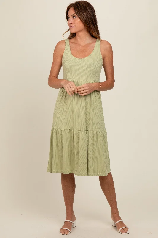 Trendsetting women’s clothing for fashion lovers   Light Olive Tiered Sleeveless Midi Dress