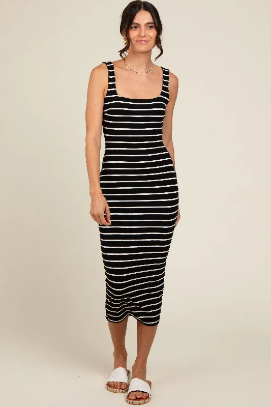 Fashion-forward styles that make a statement   Black Striped Fitted Square Neck Midi Dress