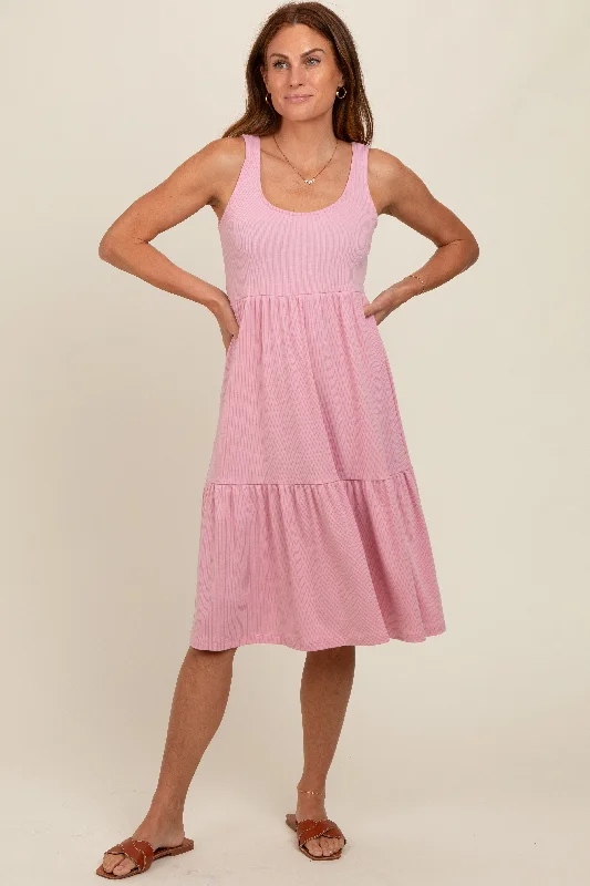 Feminine fashion to express your unique style   Pink Tiered Sleeveless Midi Dress