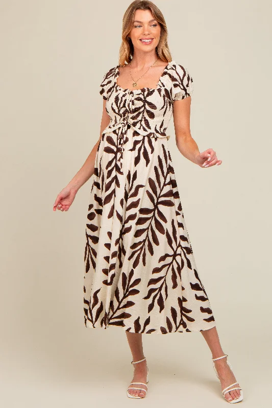 Fashion-forward styles that make a statement   Brown Leaf Print Off Shoulder Smocked Maternity Midi Dress