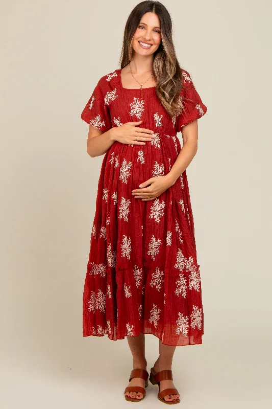 Refresh your wardrobe with trendy women’s apparel   Rust Floral Print Ruffle Hem Maternity Midi Dress