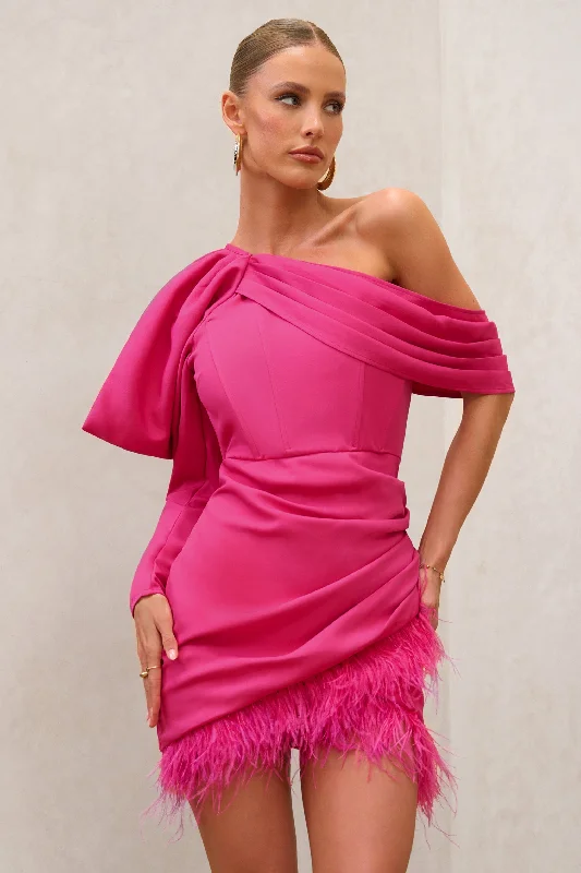 Sleek and sophisticated fashion for modern women   RSVP | Hot Pink Asymmetric Volume Sleeve Draped Feather Mini Dress