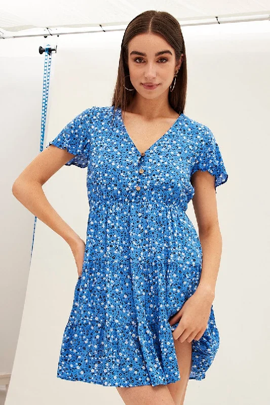 Versatile fashion for every type of woman   Blue Floral Button Front Short Sleeve Mini Skater Dress