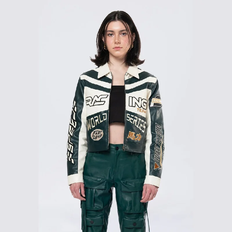 Chic, modern looks for the stylish woman   Collared Racing Jacket - Oxidized Green