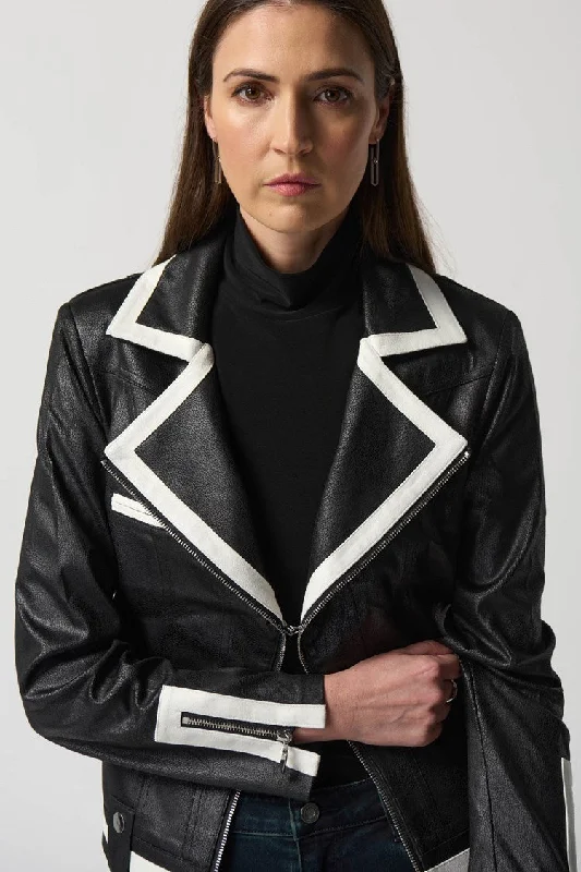 Stylish and comfortable outfits for women   Joseph ribkoff black/white leatherette jacket.