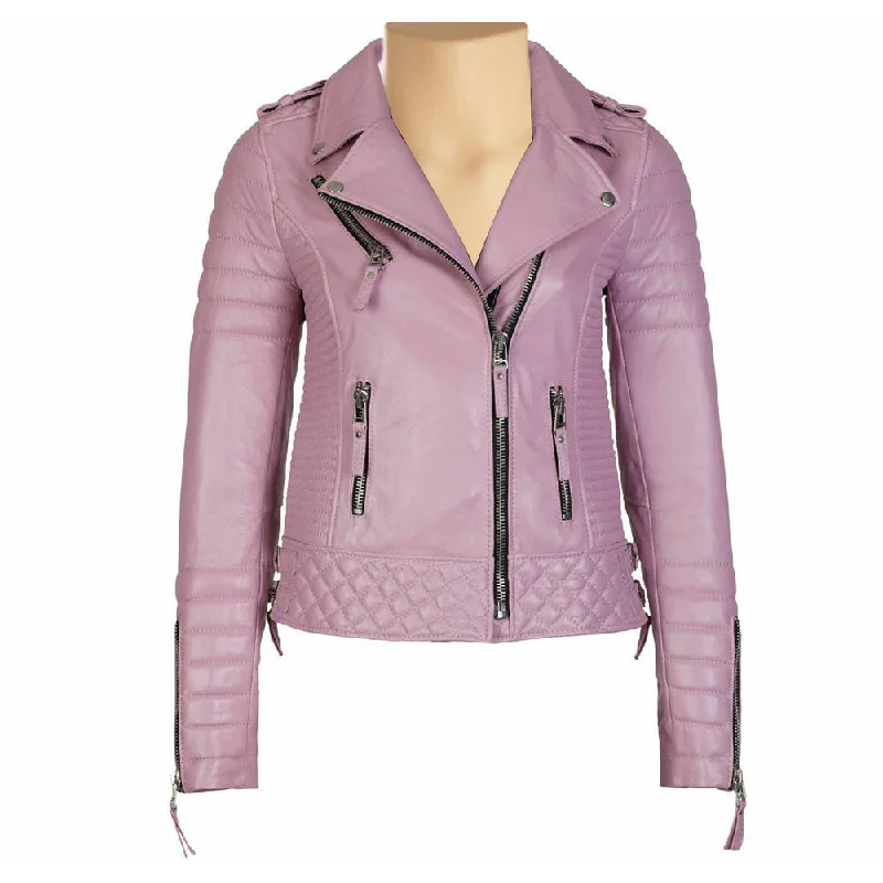 Women’s Pink Quilted Biker Style Leather Jacket