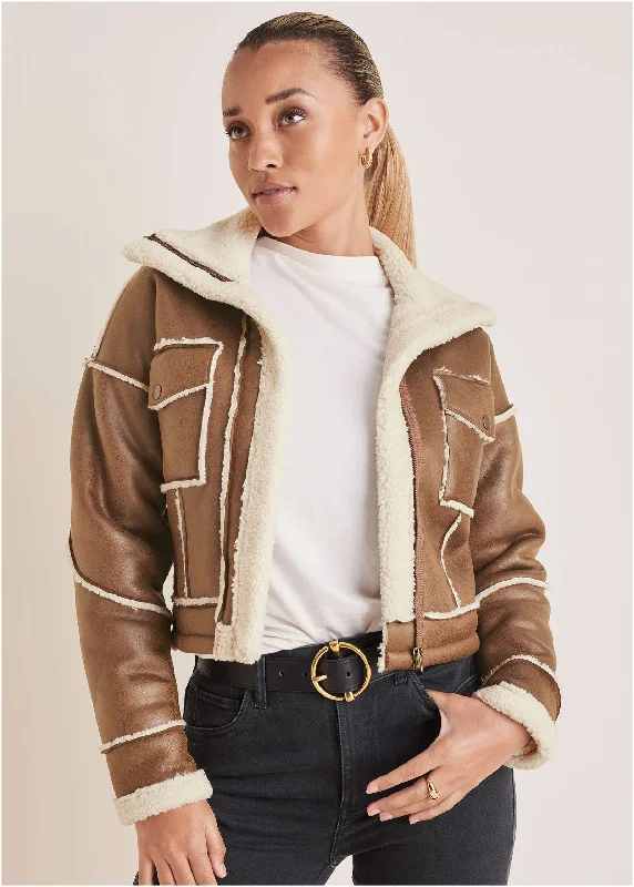 Comfortable yet stylish outfits for women on the go   Sherpa Trim Coat - Tan