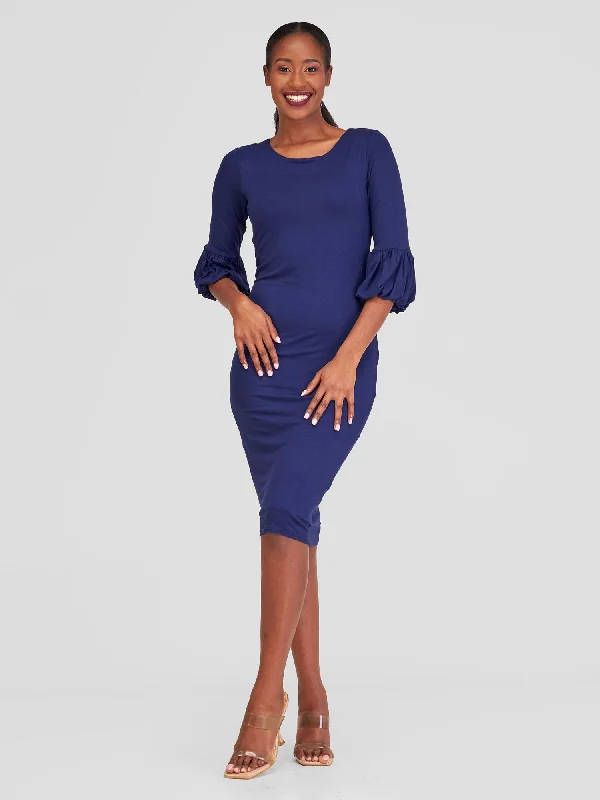 Basic Puff Sleeved Bodycon - Navy Blue