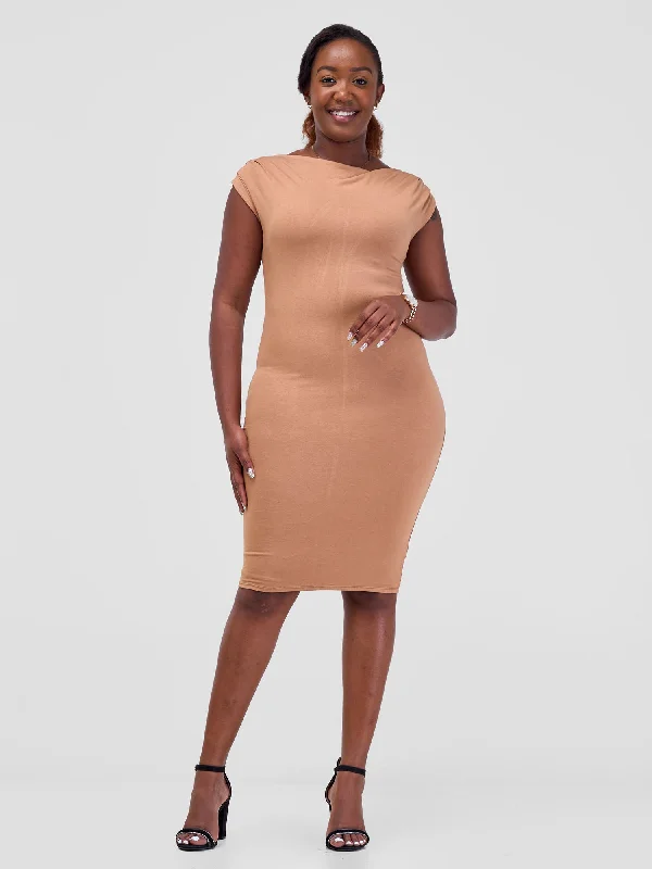 Fahari Cowl Drape Bodycon - Tan