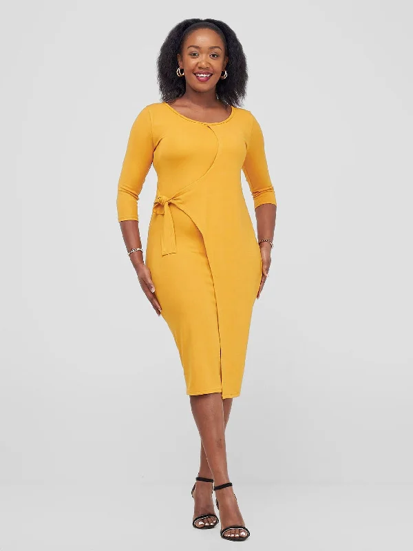 Hamle Side Twist Tie Bodycon - Mustard