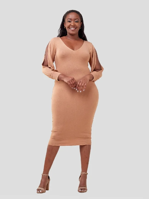 Lamu 3/4 Sleeve Double Layered Bodycon - Tan