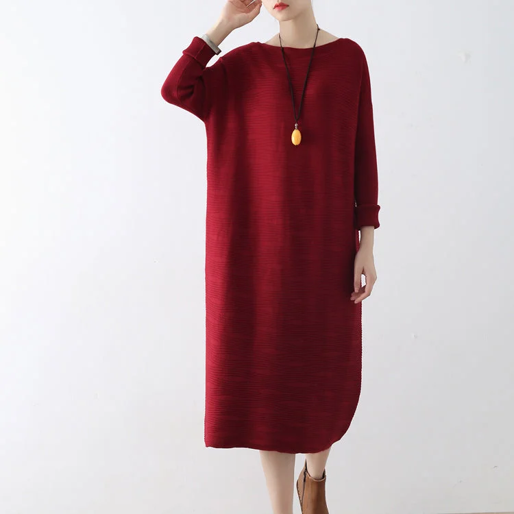 Burgundy wave knit sweater dresses casual long winter dresses cotton sweaters winter 2024