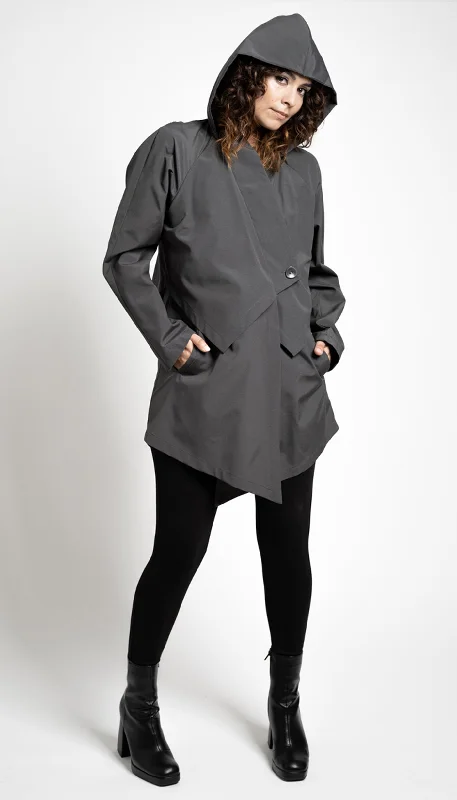 Stylish clothing designed to flatter every woman   Convertible Hood Asymmetrical Rain Jacket / Grey