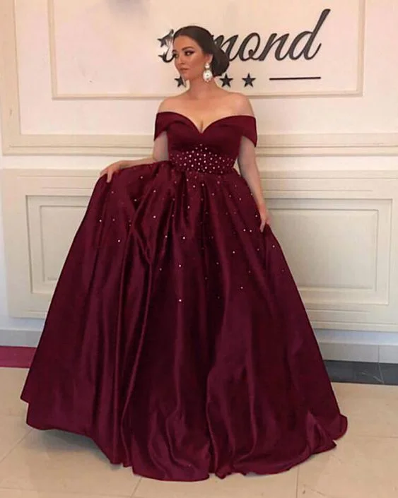 Stylish plus-size clothing for women   New burgundy off the shoulder beading long dress prom Dress    cg15295