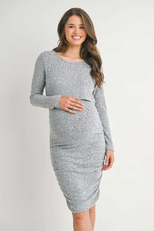 Feminine fashion to express your unique style   Ribbed Double Layer Long Sleeve Side Ruched Maternity Nursing Friendly Dress