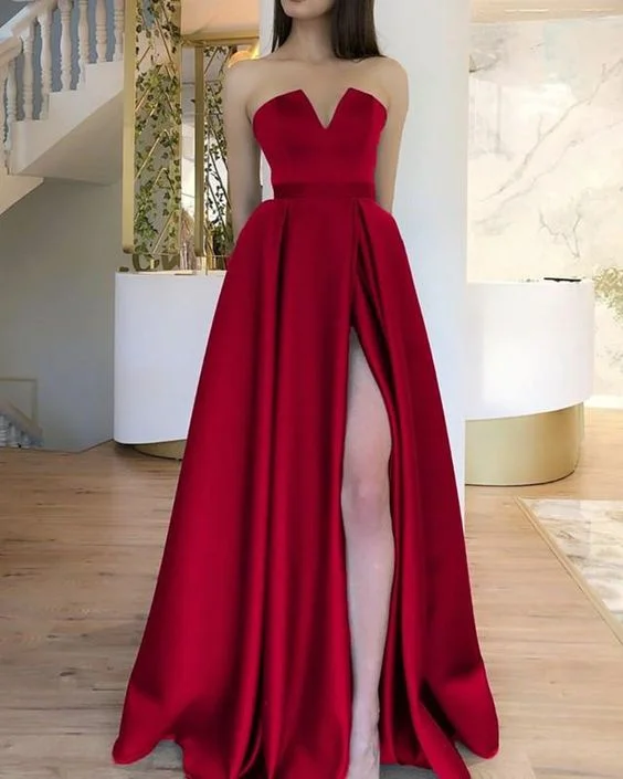 Trendy women’s clothing    Strapless Prom Dress Floor Length Satin Evening Gown With Slit cg5174