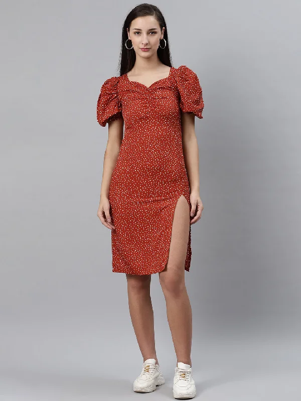 Designer-inspired women’s fashion at affordable prices   plusS Rust Brown  White Polka Dot Print Sheath Dress with Ruched Detail