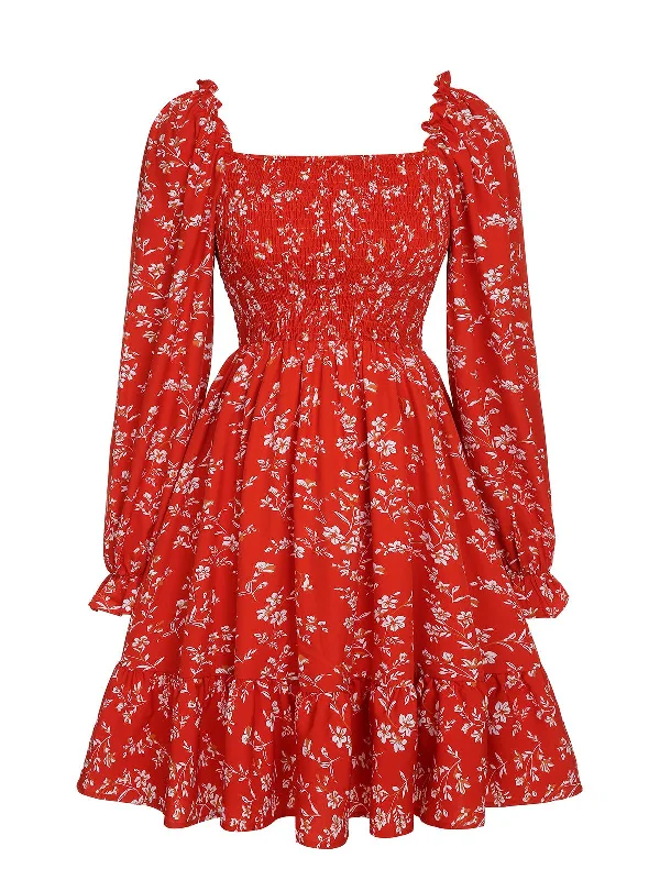 Refresh your closet with chic and comfy styles   Red 1950s Ditsy Floral Bishop Long Sleeve Dress