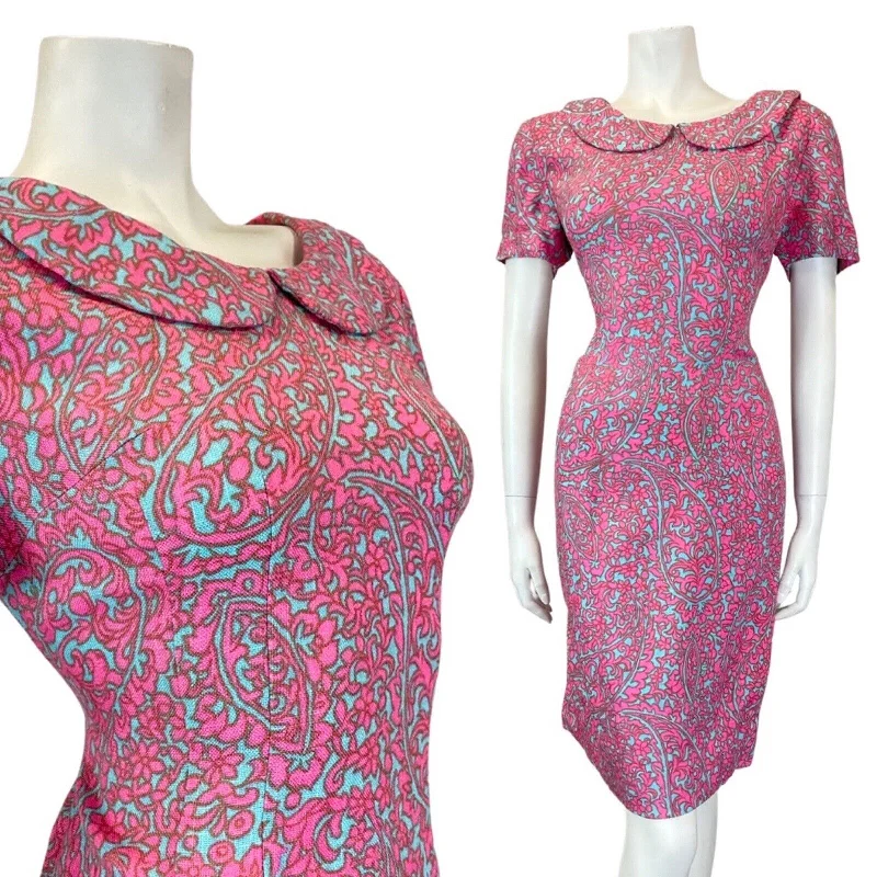 Luxurious fabrics and modern designs for women   VINTAGE 60s 70s PINK BLUE PSYCHEDELIC ACANTHUS FLORAL PETER PAN COLLAR DRESS 10